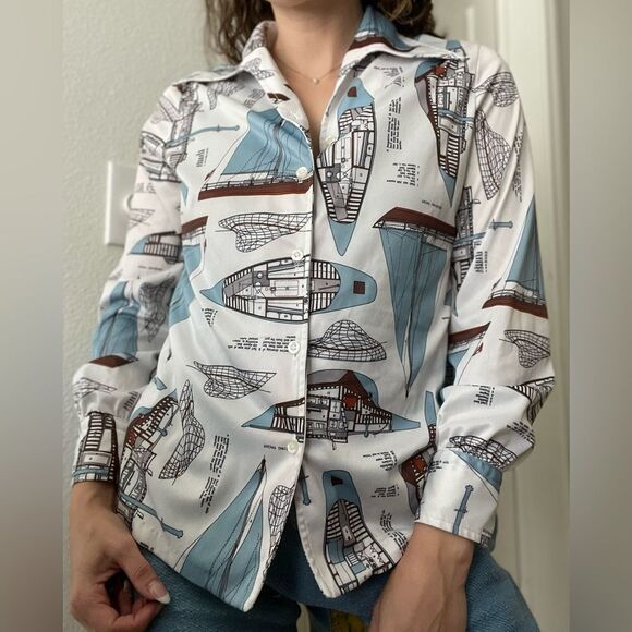 Vintage 70s Novelty Art To Wear Boat Textbook Button Down Shirt Dagger Collar M - Picture 1 of 7